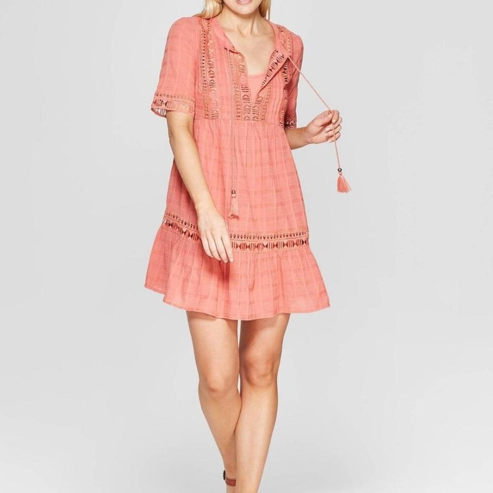 Knox Rose Peasant Babydoll Dress Mini Boho Tassel Tie Crochet Trim Tiered Size M